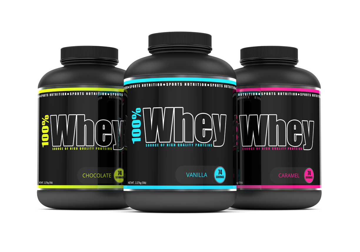3d render of whey proteins in containers isolated on white background